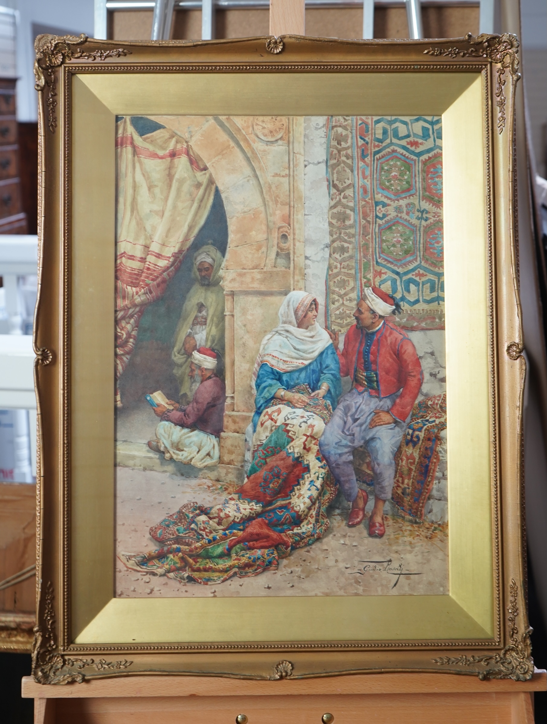 Giulio Rosati, Italian 1858-1917, Orientalist study, figures before an archway